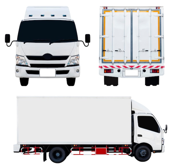 Photo front behind and side view white truck isolated on white background with clipping path