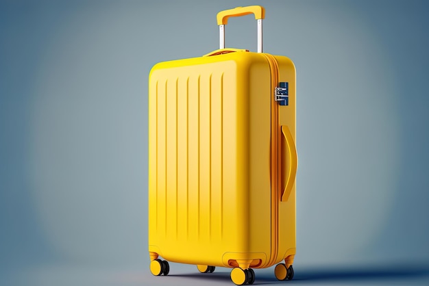 青い背景に隔離された車輪の黄色いプラスチックのスーツケースのフロントとサイドビュー