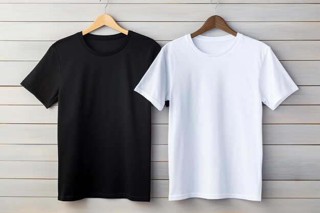 白い背景に隔離されたハンガーに黒と白の綿のTシャツの男性のフロントサイドTシャツ