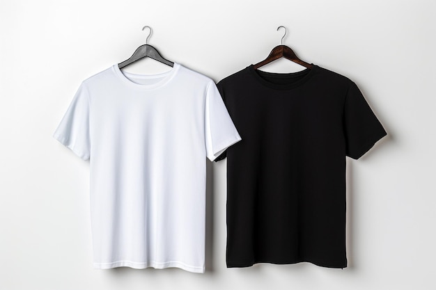 Front sides of male black and white cotton tshirts on a hanger isolated on white background Tshir