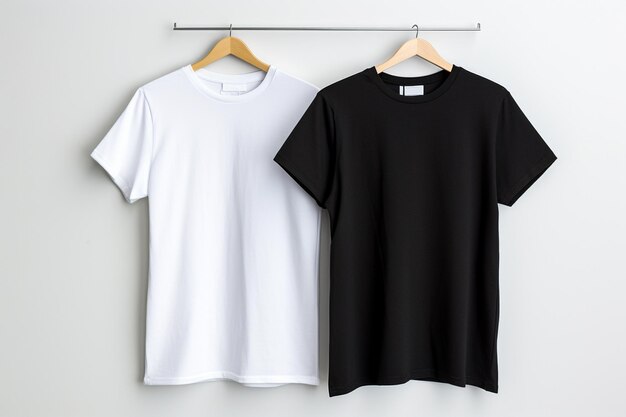 Front sides of male black and white cotton tshirts on a hanger isolated on white background Tshir