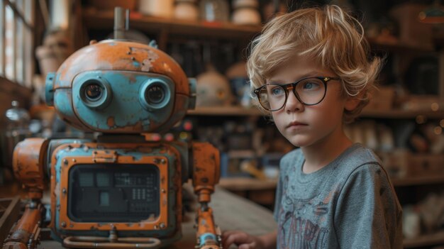 In front of a small nerd holding a robot a boy wearing gray clothing and glasses sits at a table with a robot that he made