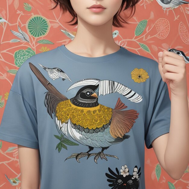 Photo front of tshirt with face of birds pattern