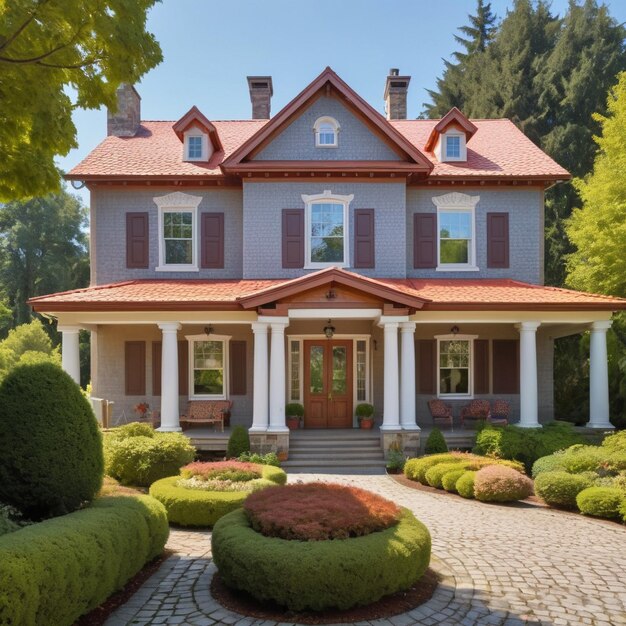 Front of twostory house summer landscaping brick porch patio gray house