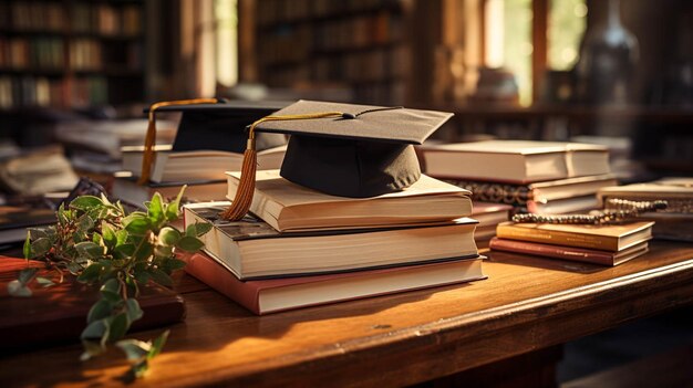 Foto vista anteriore di attraverso il tavolo c'è una pila di libri e un tappo di laurea su di esso