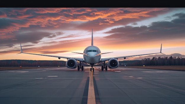 Front view of an airplane on the runway at sunset