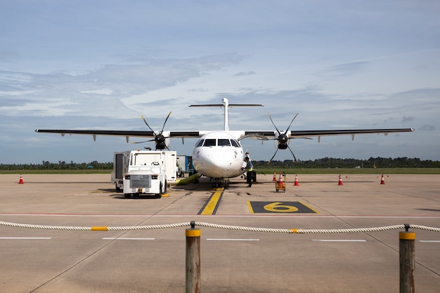 Front view of airplane with passenger on board .