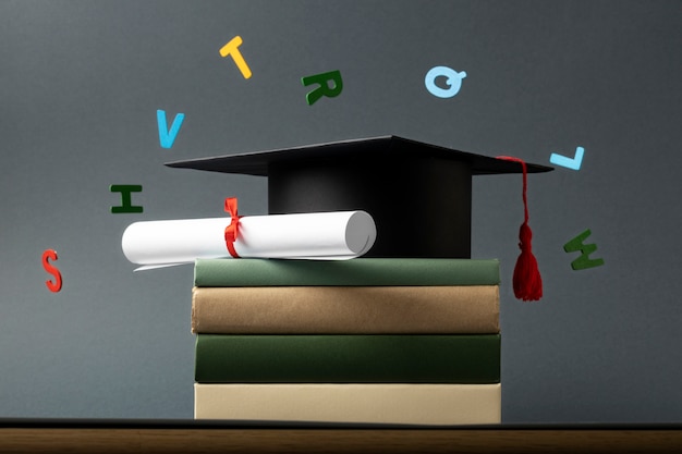 Front view of alphabet letters, a graduation cap, a diploma and stacked books for education day