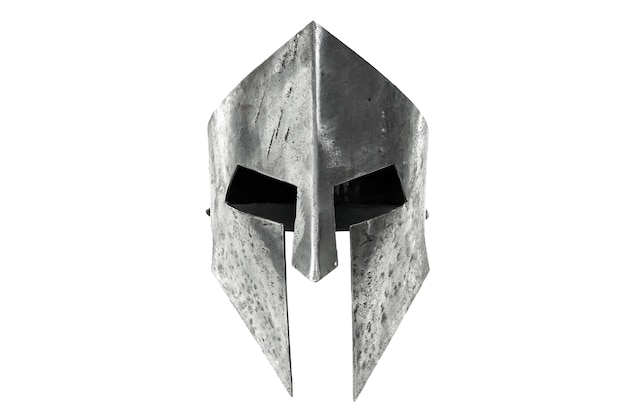 Front view of ancient iron spartan helmet isolated