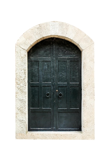 Front view of ancient wooden door on white background