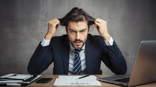 Front view angry businessman sitting at the desk and pulling his hair