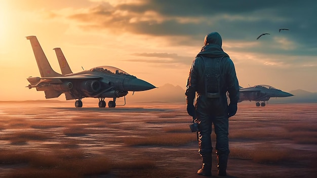 The front view of an artillery jet pilot and a fighter jet