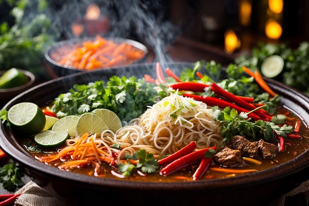 front view asian ramen noodles raised on chopsticks on dark table