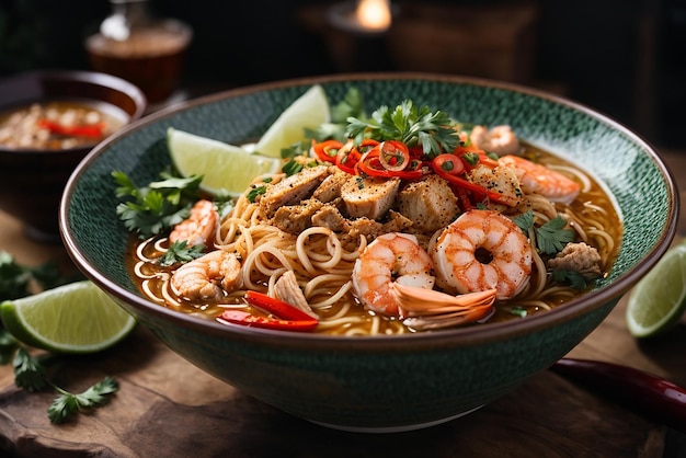 front view asian ramen noodles raised on chopsticks on dark table