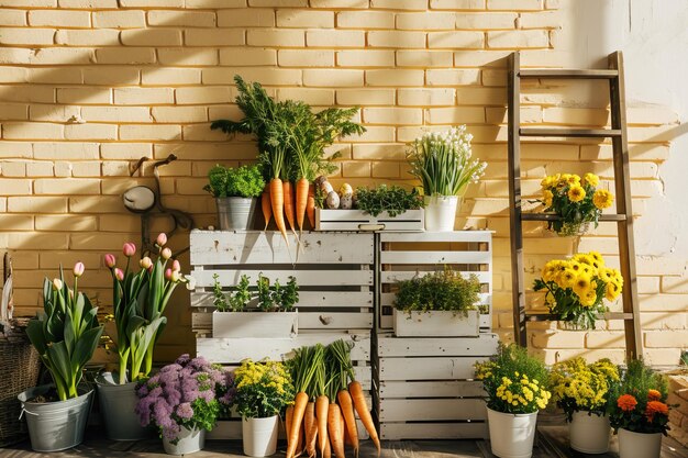 Front View Backdrop with Brick Wall White Wooden Crates Tulips and Ladder