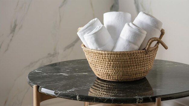 Photo front view basket and towels on table with marble backgrount and copy space