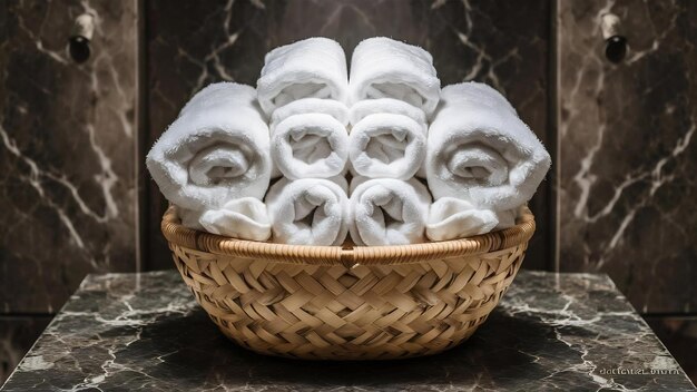 Front view basket and towels on table with marble backgrount and copy space