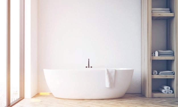 Вид спереди на интерьер ванной комнаты с белой ванной, деревянным шкафом и белой стеной. 3D-рендеринг, макет, тонированное изображение