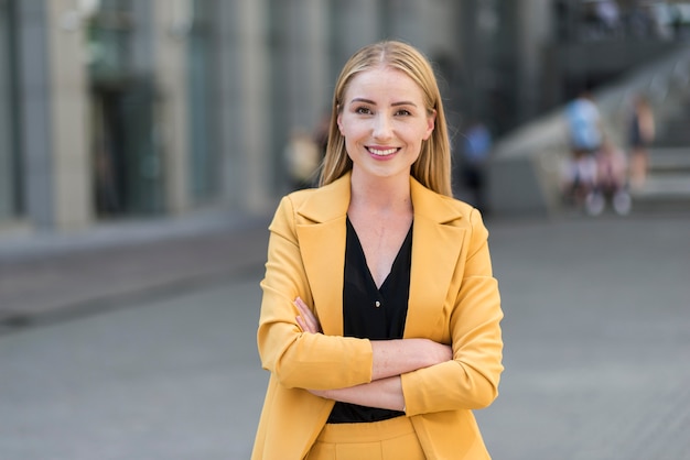 Front view of beautiful business woman in suit