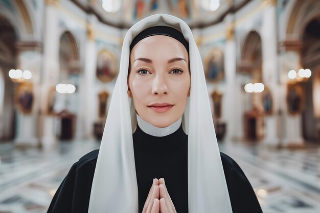 Front view of a beautiful caucasian nun praying in the church