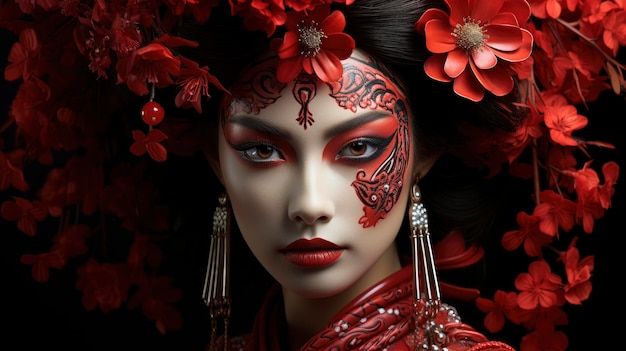 Front View Beautiful Japanese Geisha Traditional Red Happy New Year Background Hd Background