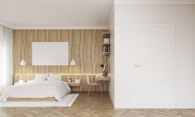 Front view of bedroom with shelves and door