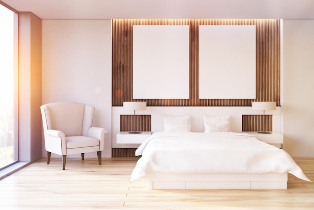 木製の床、パノラマの窓、ベッドの近くに肘掛け椅子があり、その上に 2 枚のポスターがある寝室の正面図。 3D レンダリング、モックアップ、トーン画像