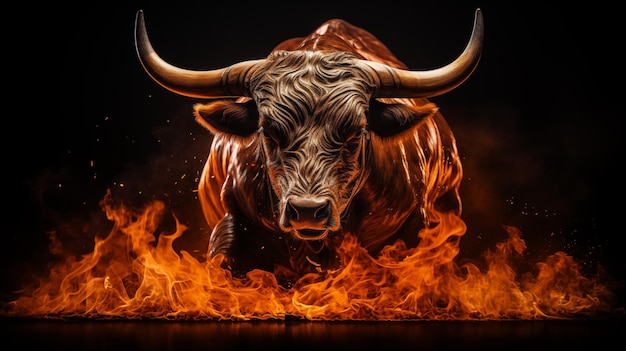 Front view of big black burning bull galloping on fire on a black background