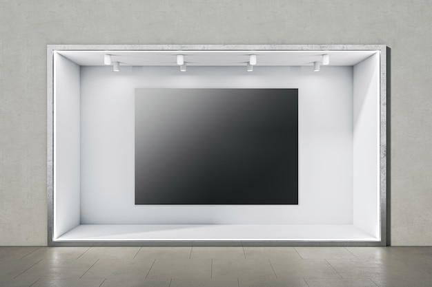 Photo front view on big blank black poster with space for your logo or text on white illuminated niche wall in abstract empty hall with concrete wall background and glossy tiles floor 3d rendering mockup