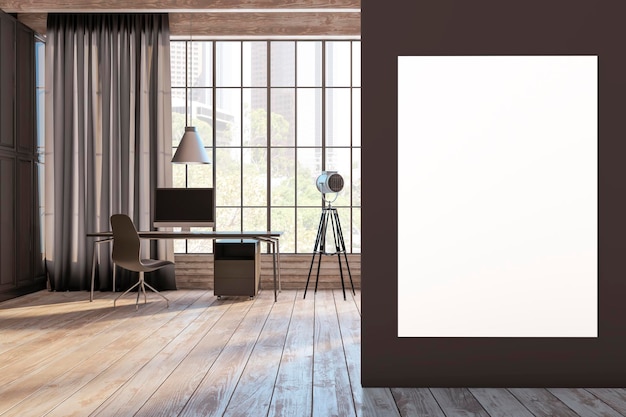 Front view on big blank poster on dark wall in spacious modern\
interior design office with wooden floor and ceiling vintage\
projector grey curtain and stylish workplace 3d rendering mock\
up