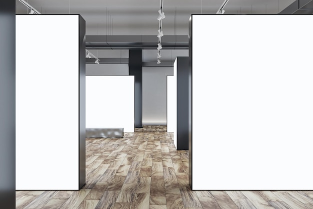 Front view between big blank white partitions with place for advertising poster or logo brand in abstract gallery hall with wooden glossy floor and grey wall background 3D rendering mockup