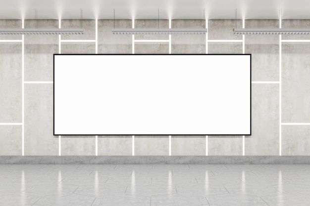Photo front view on big blank white poster with space for your logo or text on grey concrete plates wall in empty industrial style area 3d rendering mock up