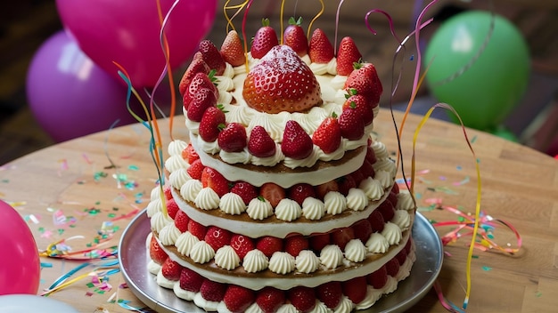크림 딸기 로 장식 된 앞면 생일 케이크 달 한 생일 축제