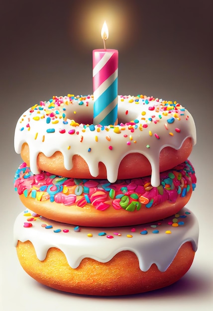 Front view birthday donut with lit candle Generative Ai