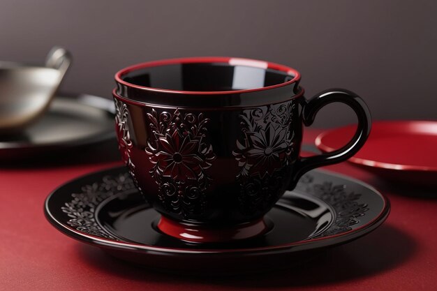 Front view black cup and saucer on dark red table