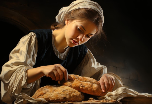 Front_view_black_woman_slicing_bread (передний вид_черной_женщины_режущей_хлеб)