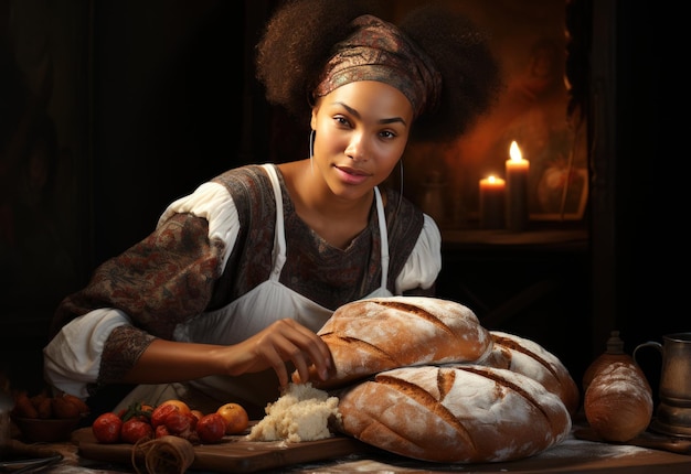 Front_view_black_woman_slicing_bread (передний вид_черной_женщины_режущей_хлеб)
