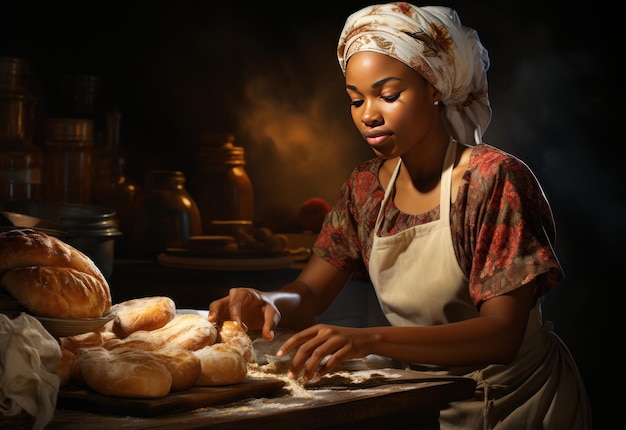 Front_view_black_woman_slicing_bread (передний вид_черной_женщины_режущей_хлеб)