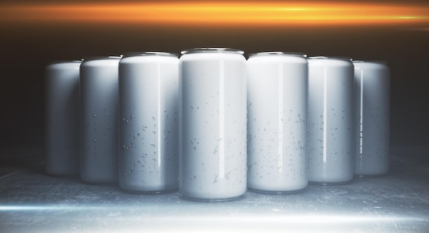 包装コンセプトの上から照らされた灰色の背景に空のアルミニウム飲料缶の正面図 3D レンダリングのモックアップ