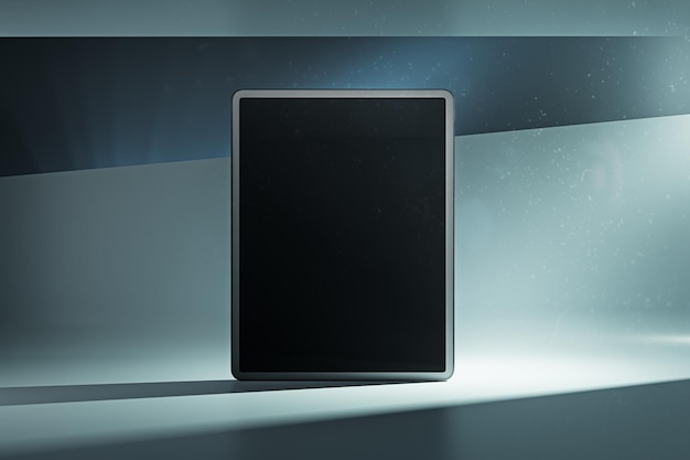 Front view on blank black digital tablet screen with place for your logo or text on abstract graphic blue shades sunlit background 3D rendering mock up