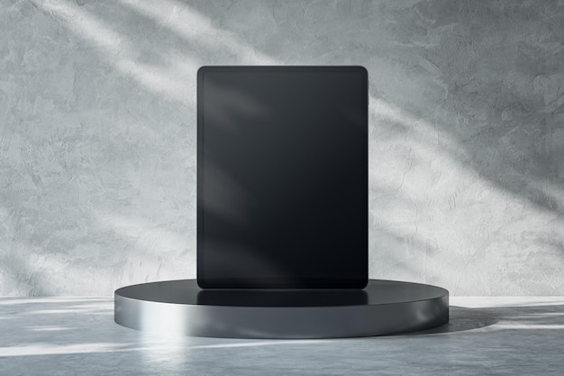 Front view on blank black digital tablet screen with place for\
your logo or text on dark metallic round stand on abstract sunlit\
light grey concrete background 3d rendering mockup