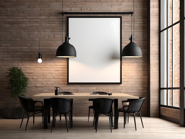Front view blank black menu frame on brick wall with lamp in loft cafe interior mockup 3d rendering
