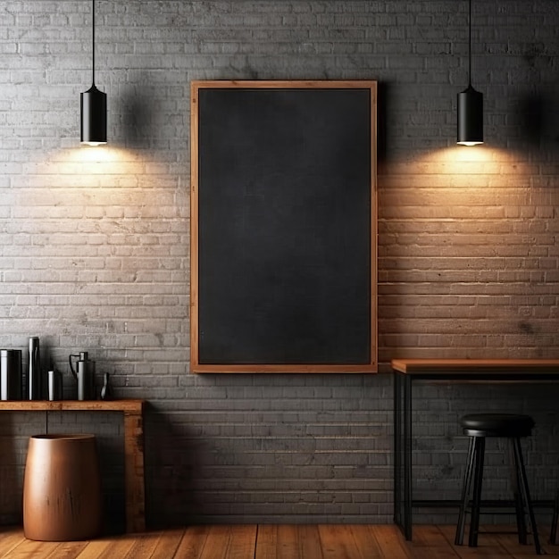 Front view blank black menu frame on brick wall with lamp in loft cafe interior mockup Generative AI