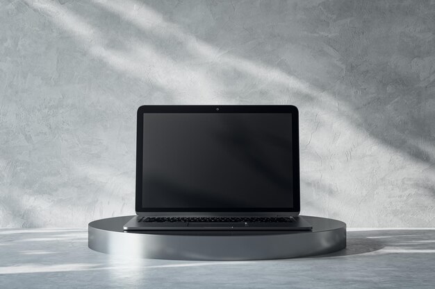 Front view on blank black modern laptop monitor with place for\
your logo or text on dark metallic round stand on abstract sunlit\
light grey concrete background 3d rendering mockup