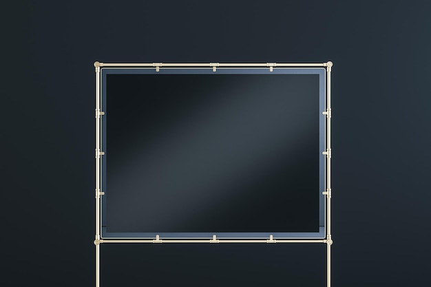 空白の黒いプレゼンテーション ポートフォリオの壁の正面図で、黒い背景の 3D レンダリング モックアップに金属フレームにロゴまたはテキスト用のスペースがあります