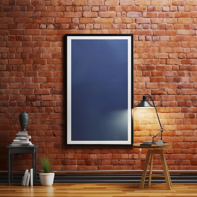 Front view blank blue poster on brick wall in modern loft gallery interior mockup Generative AI