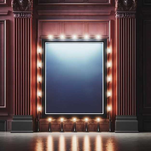 写真 モダンなロフトギャラリーのインテリアモックアップの壁にランプが付いた正面図の空白の青いポスタージェネレーティブai