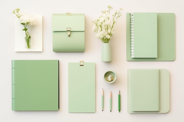 Front view of blank book mockup with dried flowers lagurus in green vase on table Ai generated