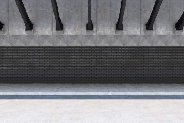 Front view on blank dark brick wall with place for your poster\
or advertising campaign in abstract empty area with concrete\
details 3d rendering mock up