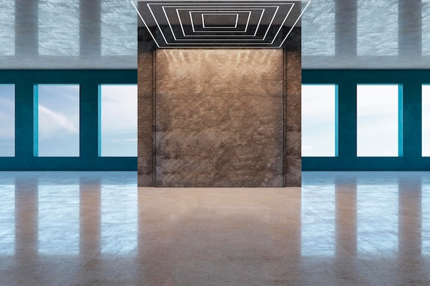 Front view on blank dark brown stone partition with space for\
poster or frame in empty area with blue sky view from windows and\
glossy marble floor 3d rendering mockup